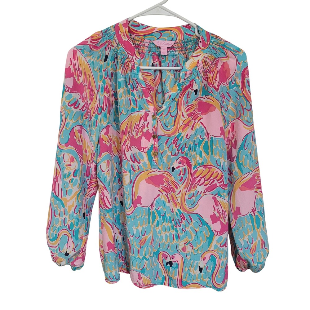Lilly Pulitzer Elsa Silk Blouse Flock To Me Flamingo Pink Blue Top XS